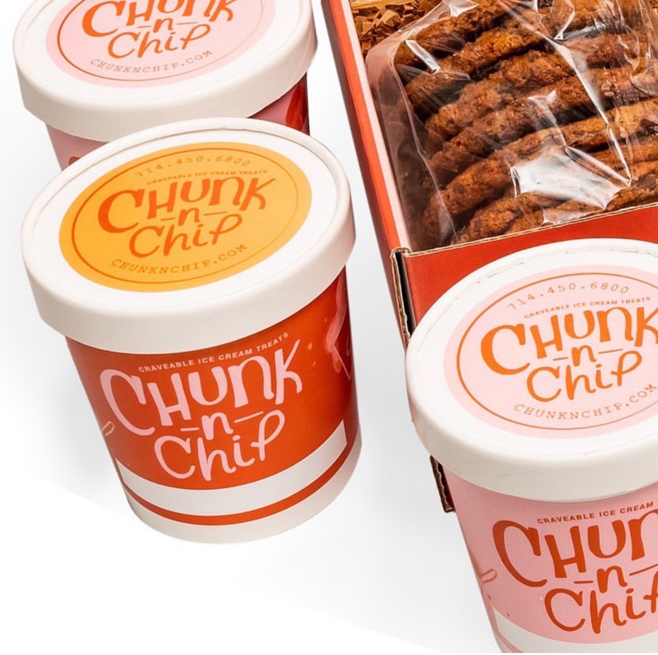 Chunk-N-Chip ice cream pints beside a box of individually wrapped cookies