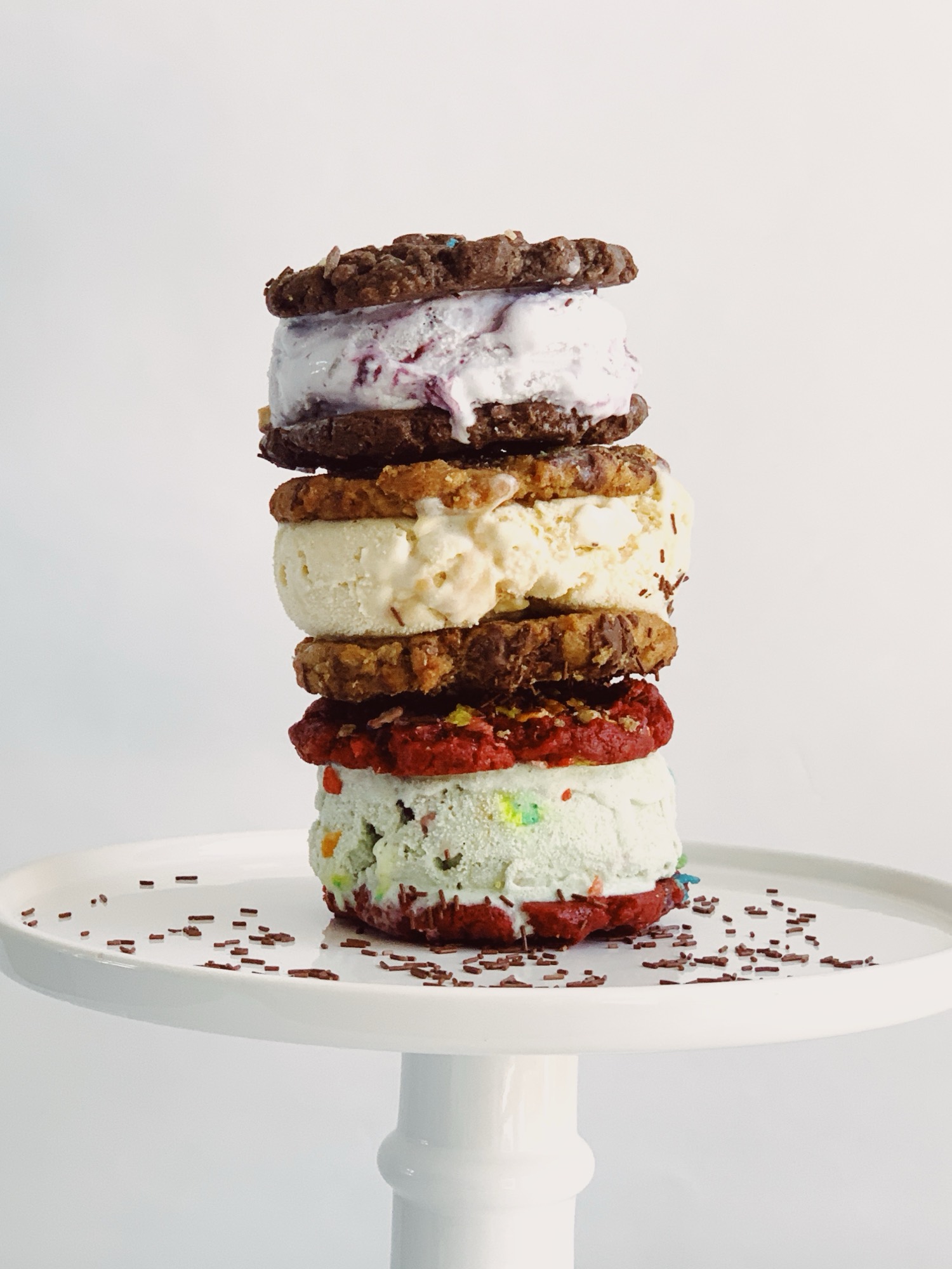 Tower of Chunk-N-Chip ice cream sammiches stacked on a cake stand