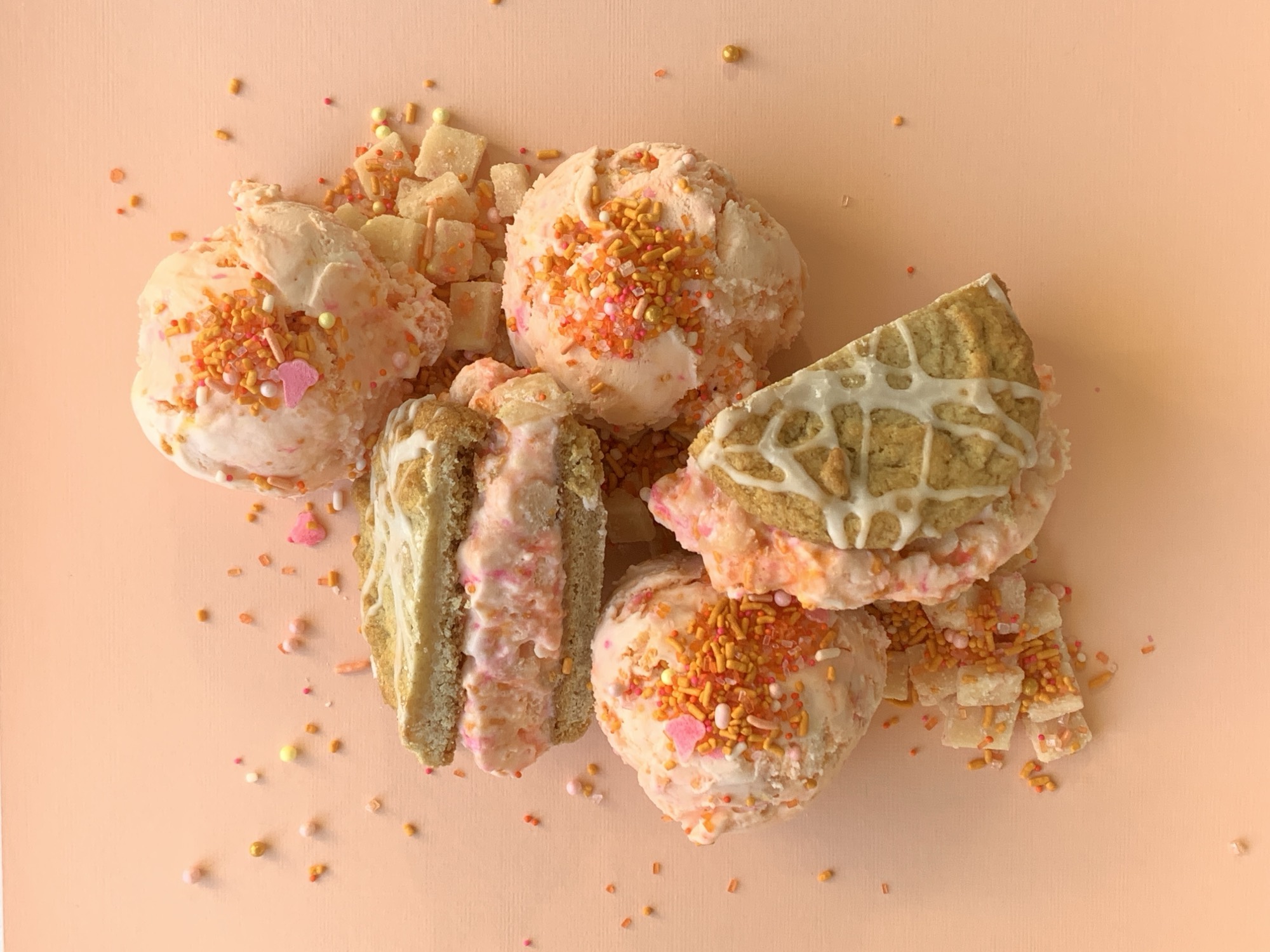 Scoops of Chunk-N-Chip ice cream with sprinkles and cookie pieces